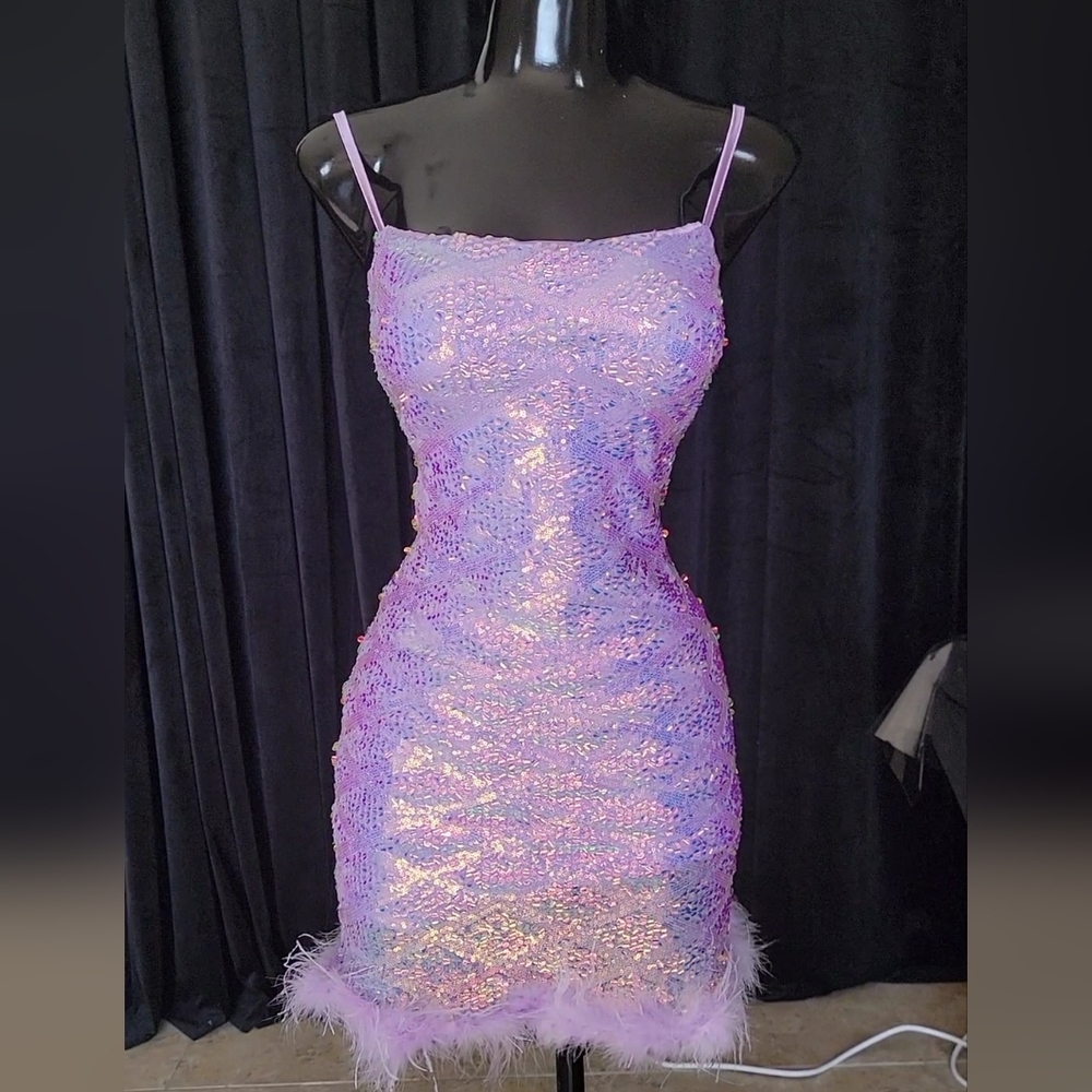 Lavender sequin and feather mini dress